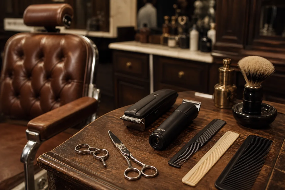 Le matériel du barbier : tondeuses, ciseaux, peignes